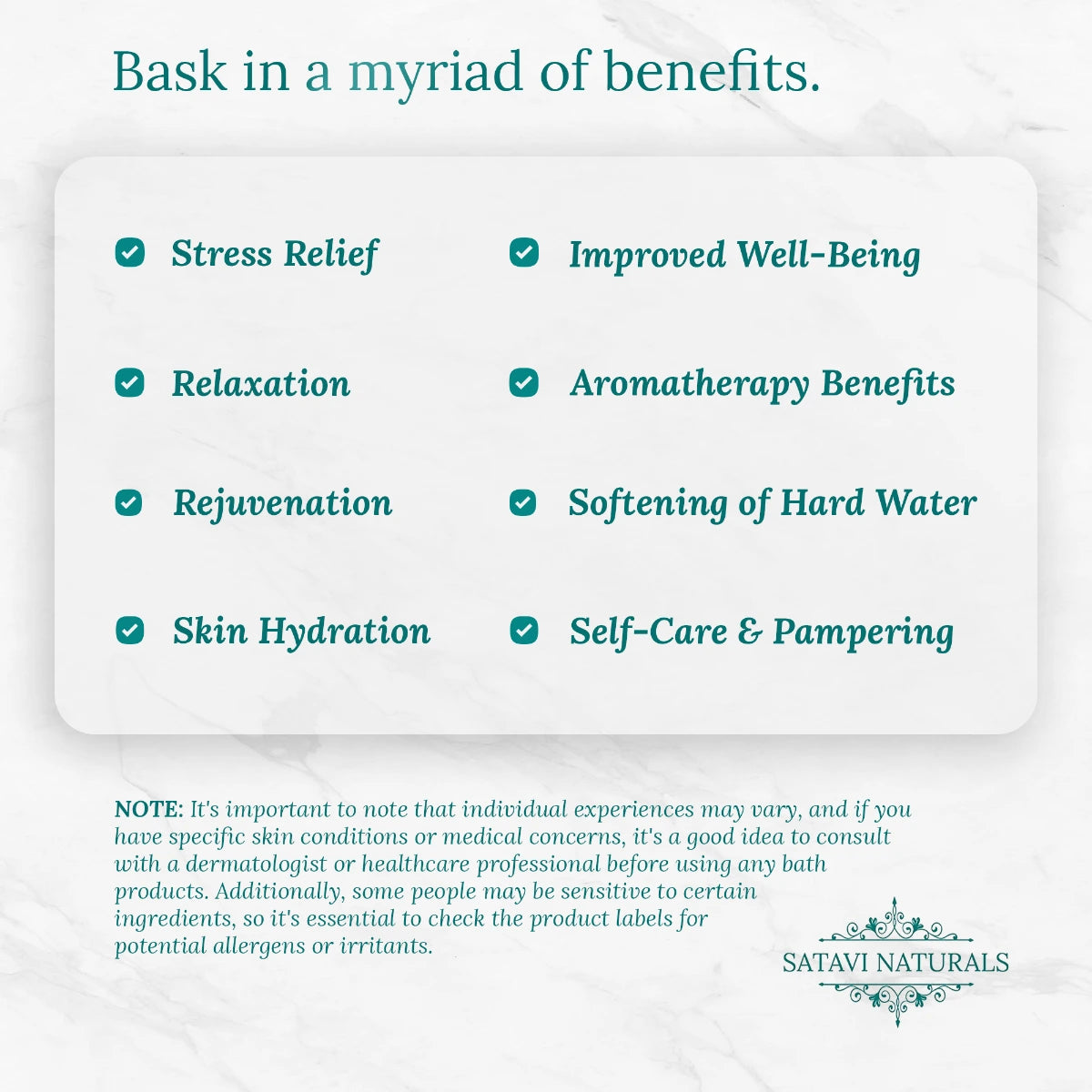 Satavi Naturals Crystal Bath Bomb benefits chart highlighting stress relief, relaxation, and skin hydration.