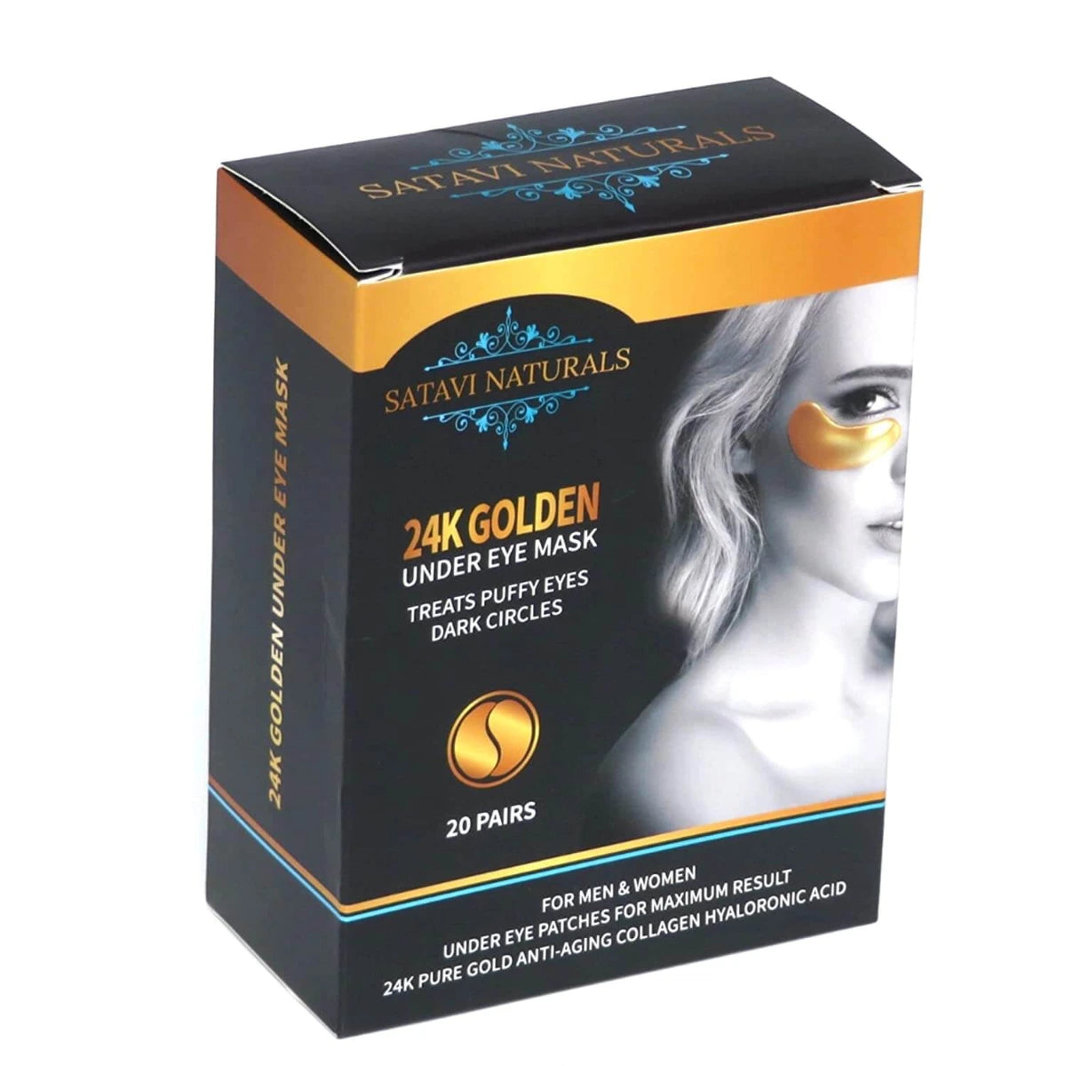Front view of Satavi Naturals 24K gold under eye mask packaging, 20 pairs.