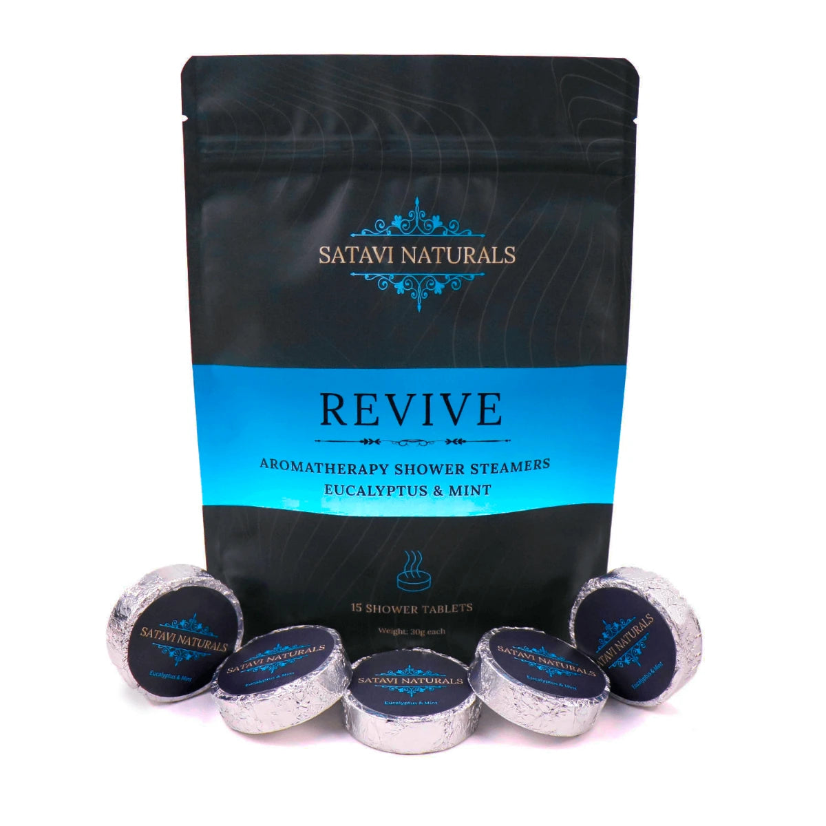 Satavi Naturals Revive shower steamers in eucalyptus and mint scent, 12 pack for refreshing anytime use.