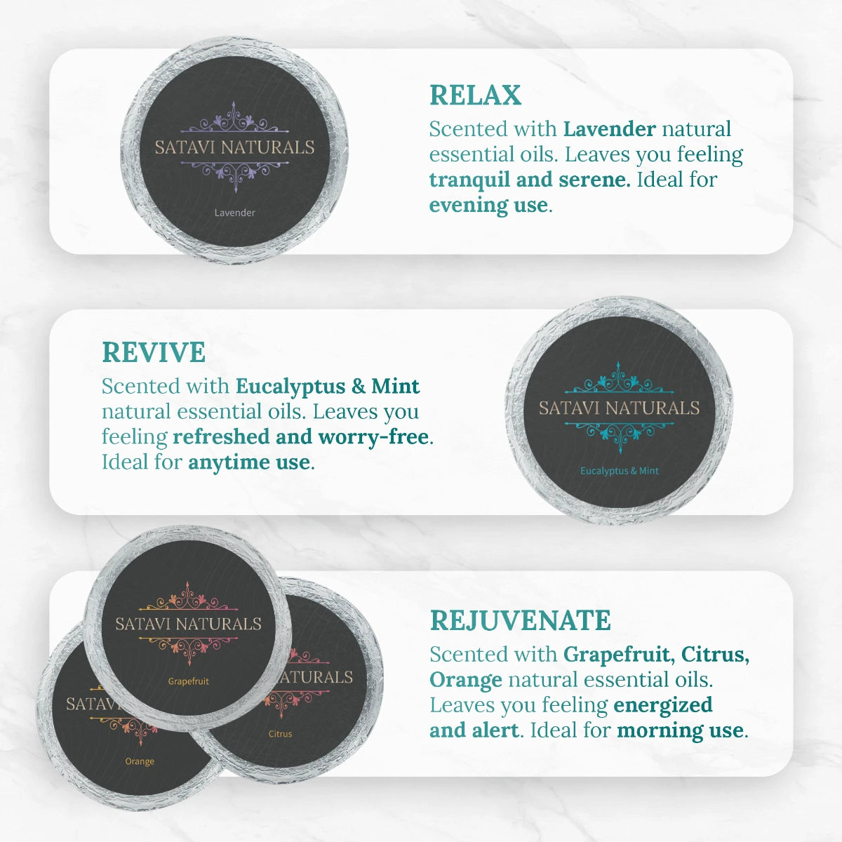 Satavi Naturals shower steamers in Relax, Revive, and Rejuvenate scents for evening, anytime, and morning use.