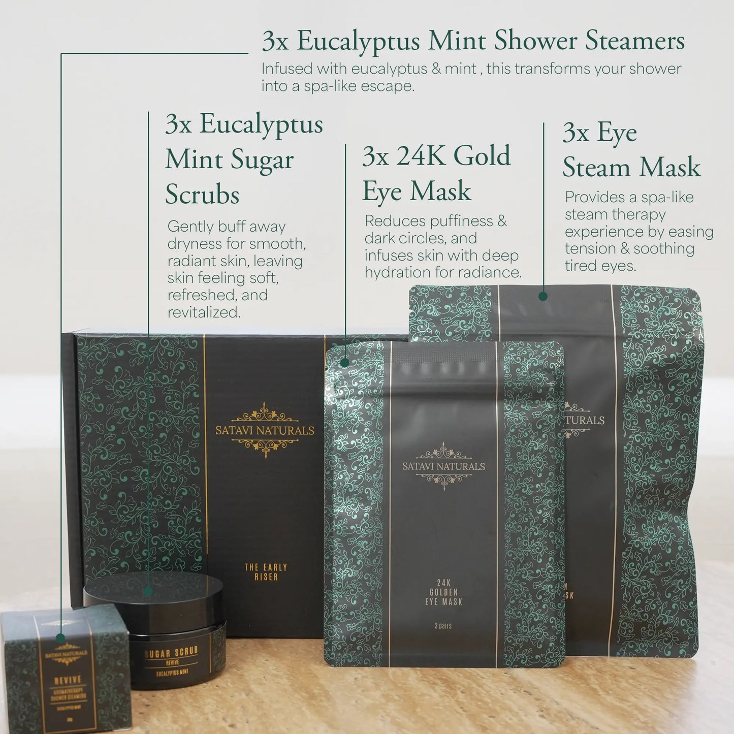 Satavi Naturals spa gift set with each product in individual packaging labeled, including shower steamers, steam eye masks, 24k gold under-eye masks, and sugar scrubs