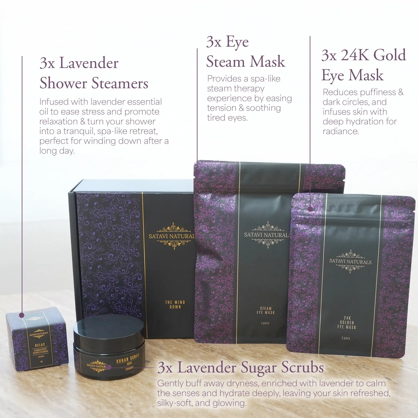 Satavi Naturals Wind Down Gift Set contents with lavender steamers, scrubs, and masks.