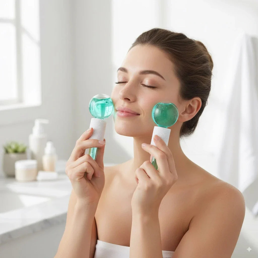 Women using Satavi Naturals ice globes to reduce puffiness and refresh her skin.
