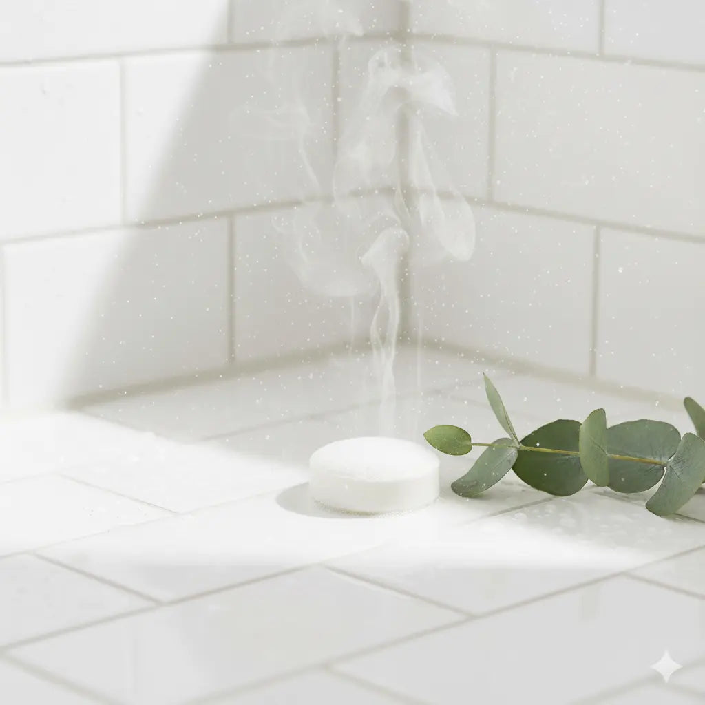 Shower steamer fizzing in the corner of a shower