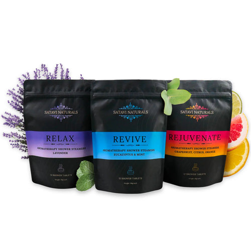 Three black packages of Satavi Naturals shower steamers labeled 'Relax', 'Revive', and 'Rejuvenate' on a white background.