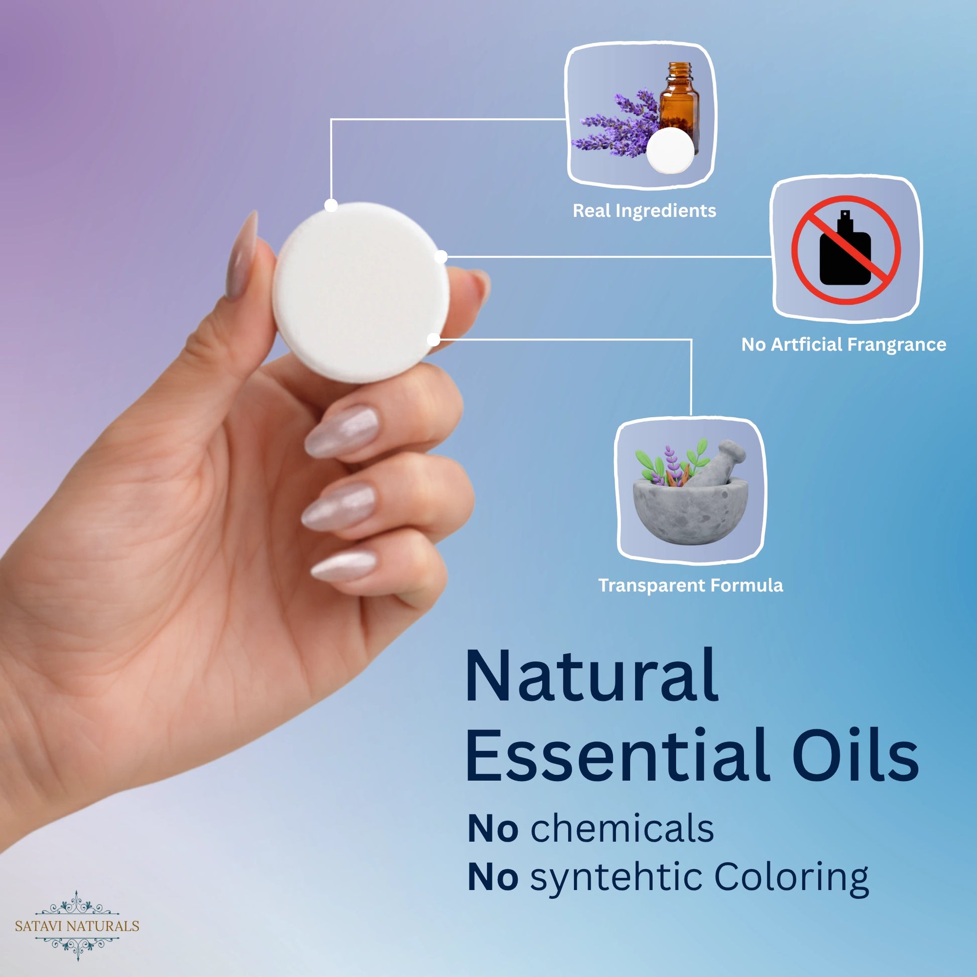 Hand holding a shower steamer with natural essential oils, featuring real ingredients and no artificial fragrances.