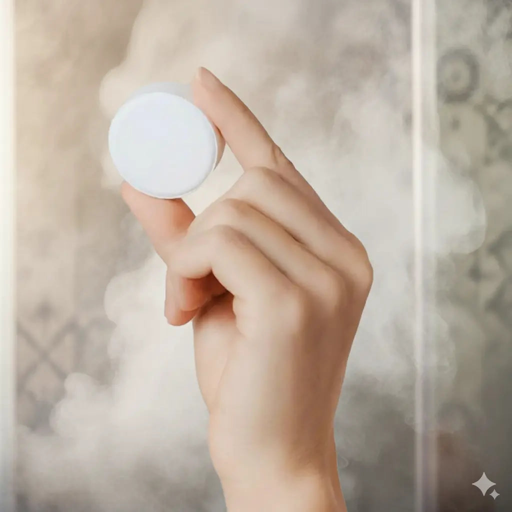 Hand holding an aromatherapy shower steamer in a steamy tablet for a spa-like experience.