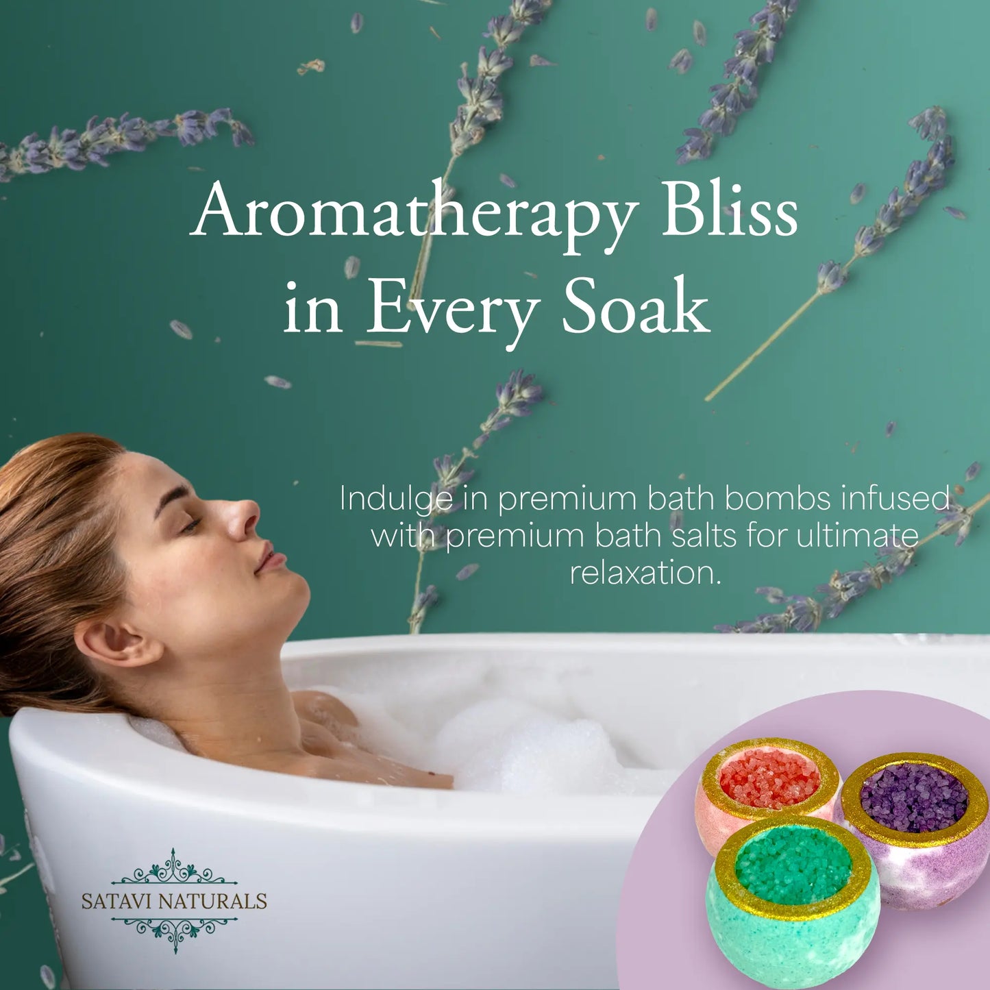 Woman in bath with lavender background and bath bombs promoting aromatherapy and relaxation.