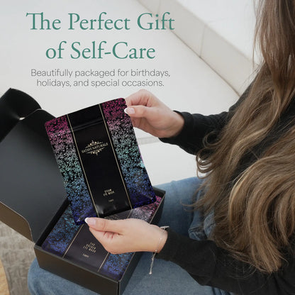 Woman opening gift box showing steam eye mask in packaging, perfect for birthdays and special occasions.