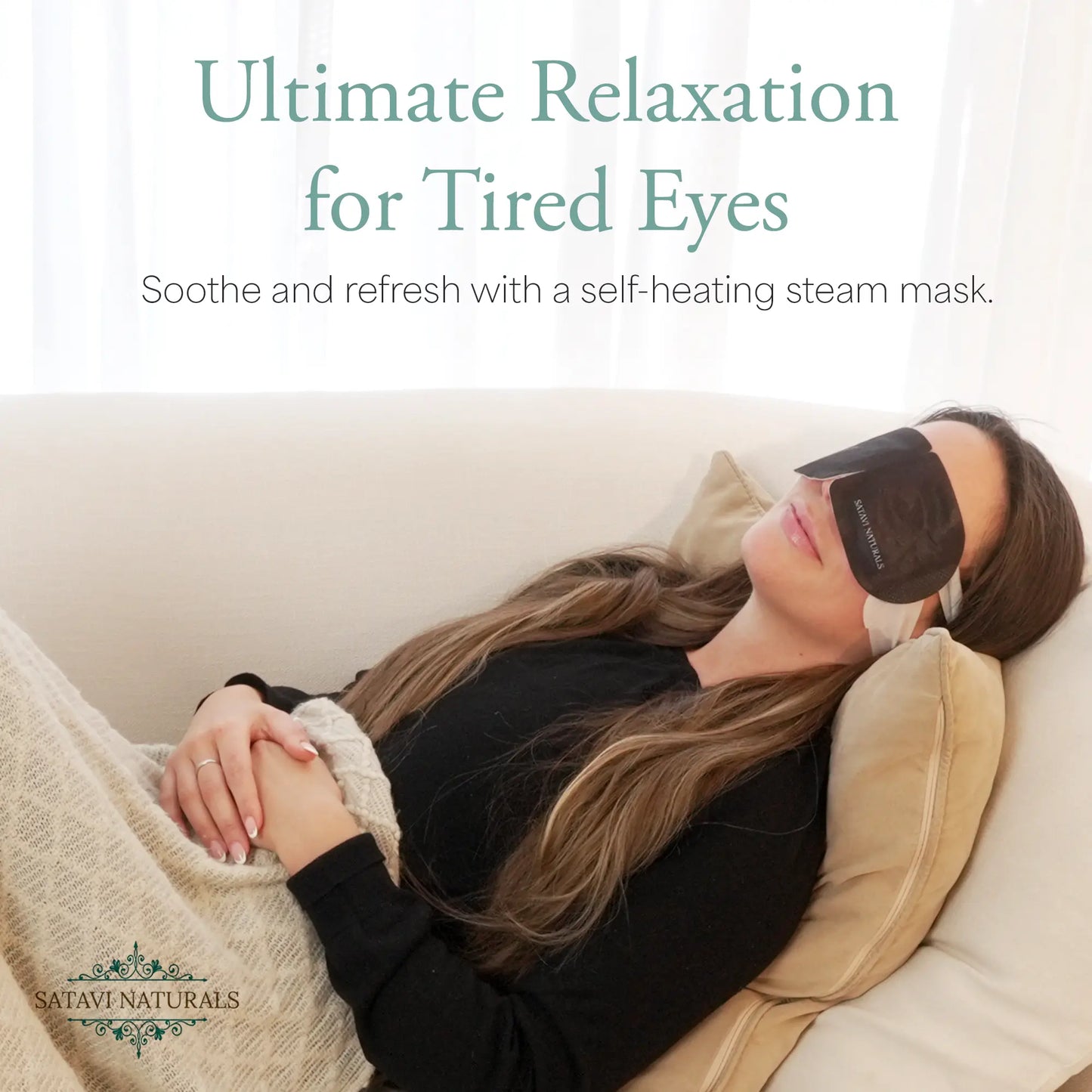 Woman relaxing with self-heating steam mask to soothe and refresh tired eyes.