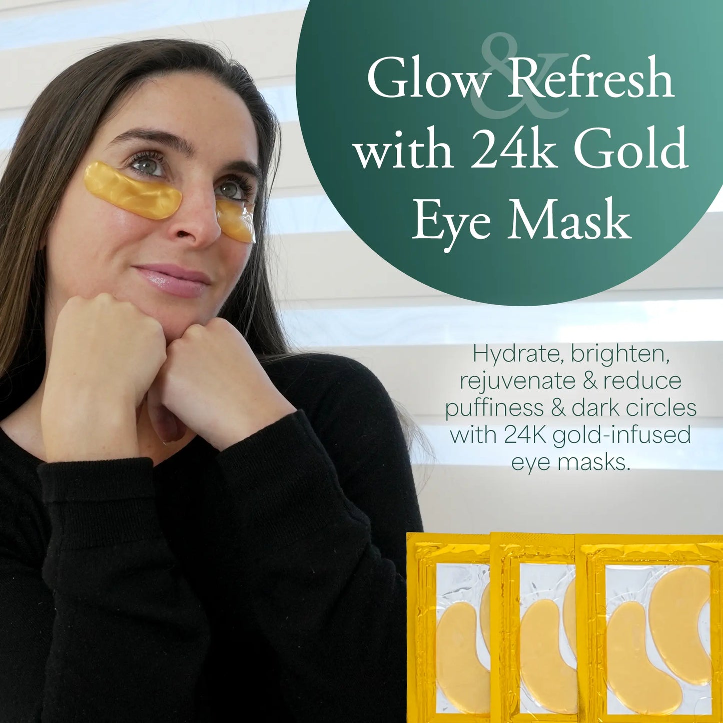 Woman wearing Satavi Naturals 24k gold under-eye masks to hydrate, brighten, and reduce puffiness and dark circles