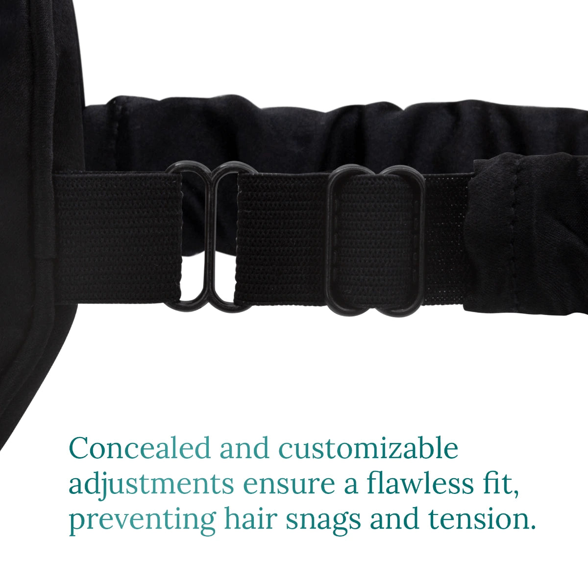 Close-up of adjustable strap on black silk sleep mask showing secure and comfortable fit.