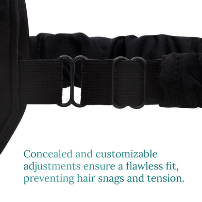 Close-up of adjustable strap on black silk sleep mask showing secure and comfortable fit.