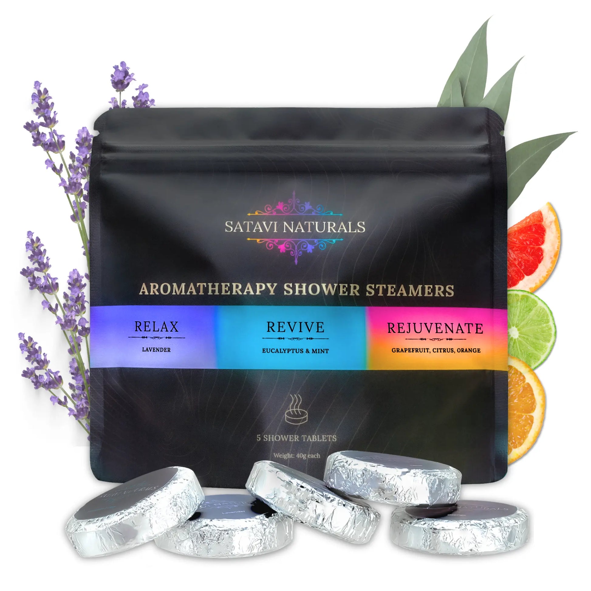 Satavi Naturals Aromatherapy Shower Steamers Variety Pack with lavender, eucalyptus mint, and citrus tablets, 40g each, 5-pack gift set