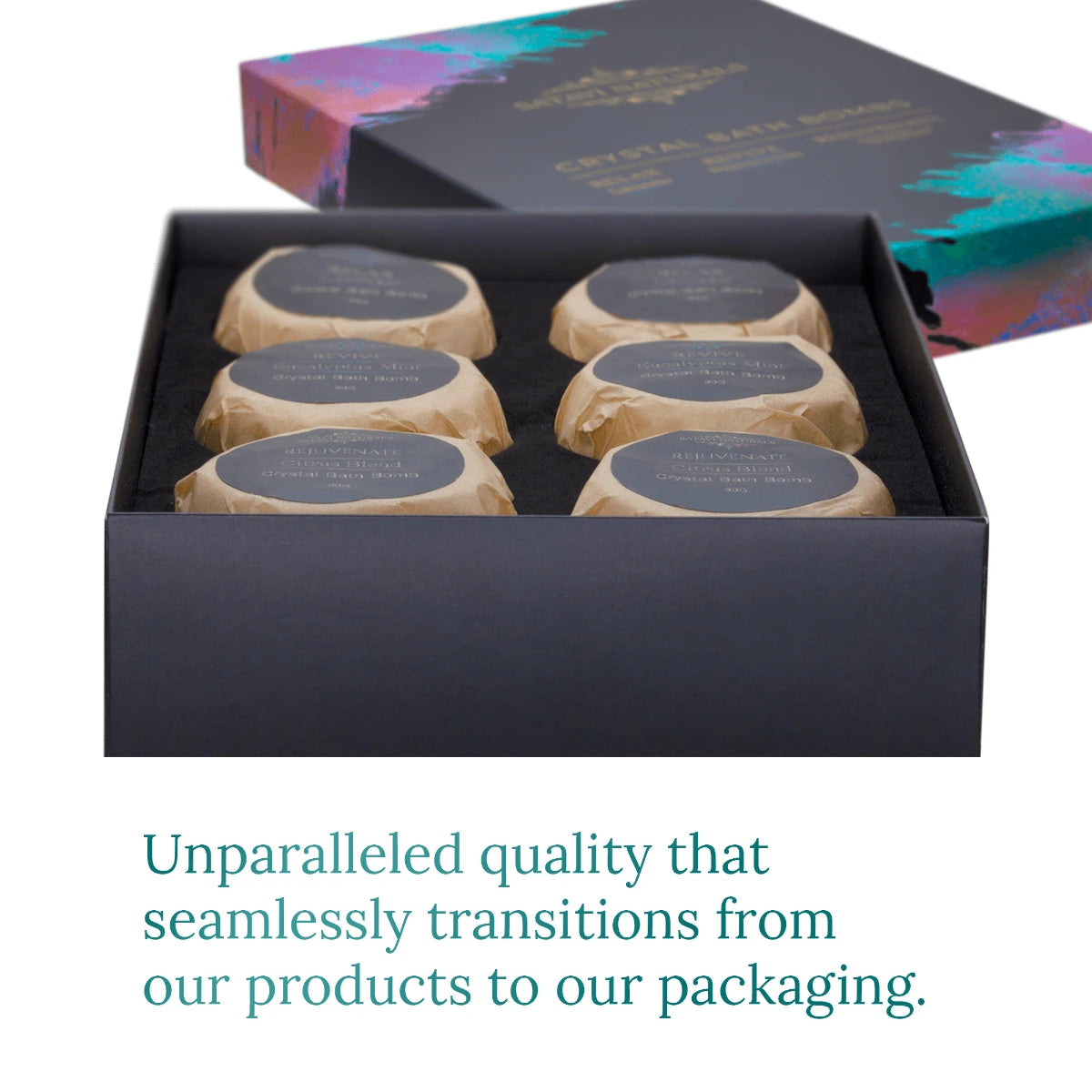 Satavi Naturals crystal bath bomb gift box with six individually wrapped bath bombs in luxury black packaging.