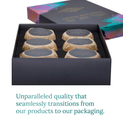 Satavi Naturals crystal bath bomb gift box with six individually wrapped bath bombs in luxury black packaging.