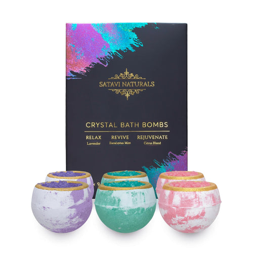 Satavi Naturals Crystal Bath Bombs gift set with lavender, eucalyptus mint, and citrus blend variations in front of black and colored packaging.