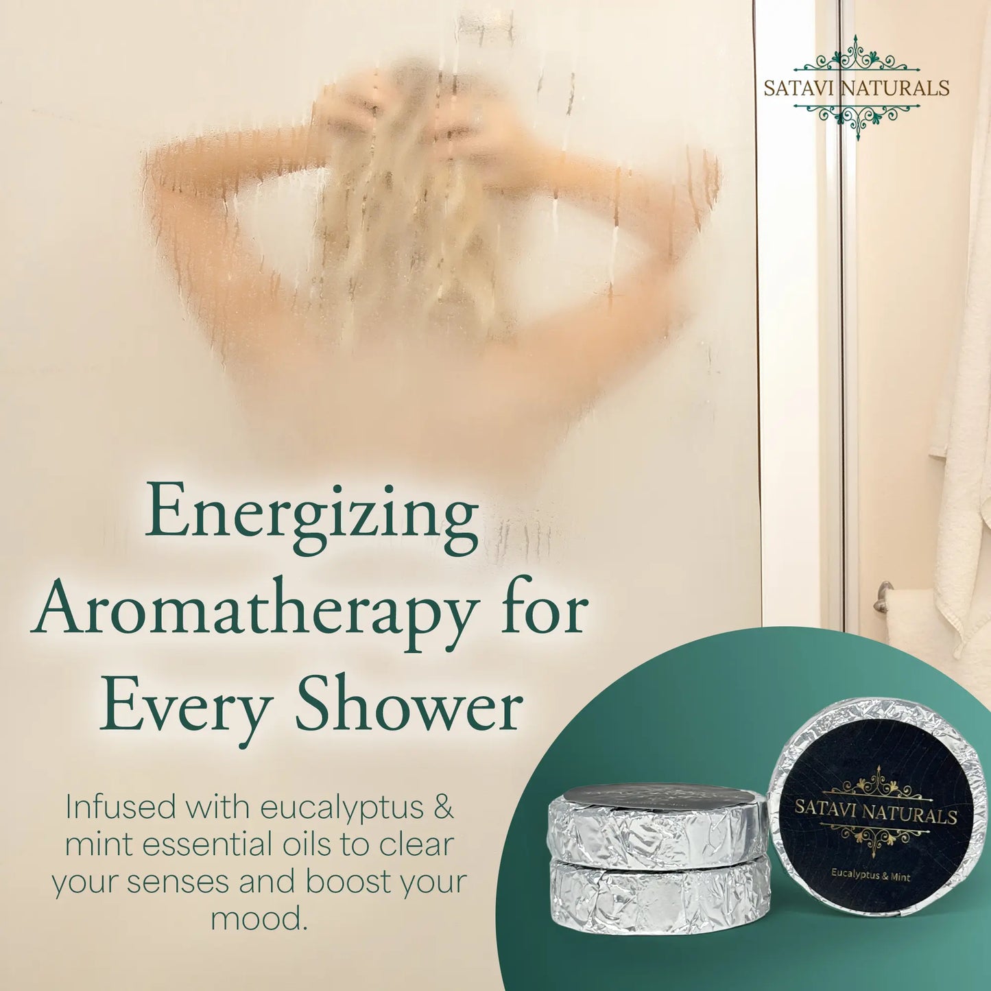 Woman in a fogged glass shower using Satavi Naturals eucalyptus and mint shower steamers for energizing aromatherapy