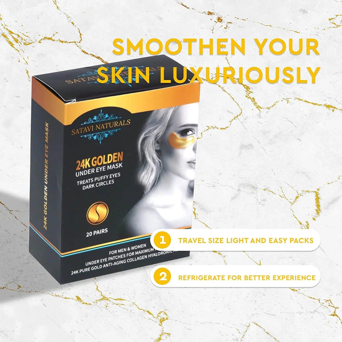 Satavi Naturals 24K gold under eye mask packaging with benefits and usage tips.