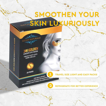 Satavi Naturals 24K gold under eye mask packaging with benefits and usage tips.