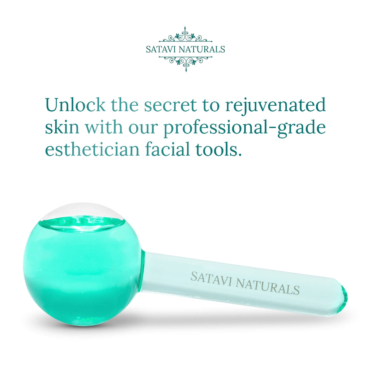 Satavi Naturals aqua ice globe facial tool shown on white background.