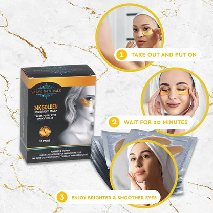 Satavi Naturals 24K gold eye mask application guide showing steps for use.