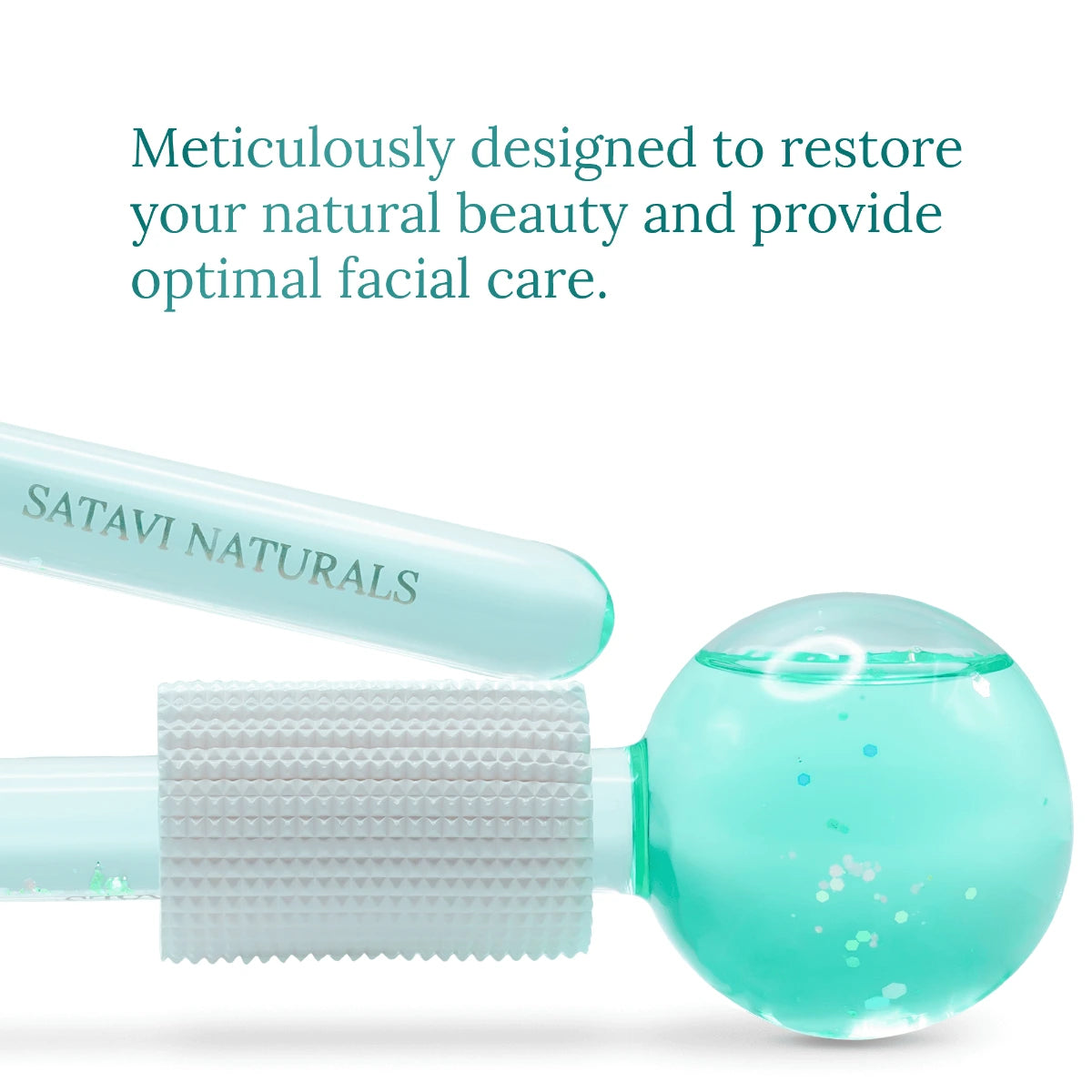 Close-up of Satavi Naturals aqua ice globe with textured grip and logo on handle.