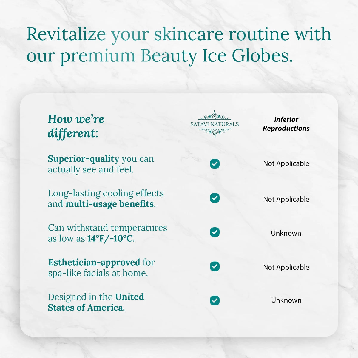 Satavi Naturals ice globes comparison chart highlighting quality features.