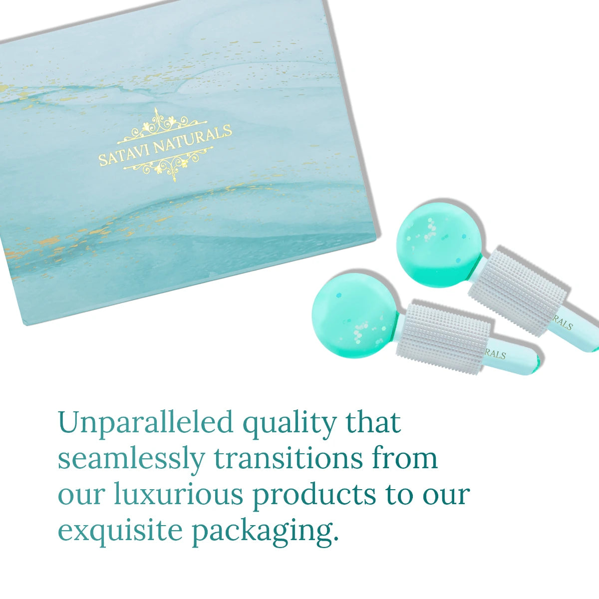 Satavi Naturals ice globes beside aqua gift box with gold logo.
