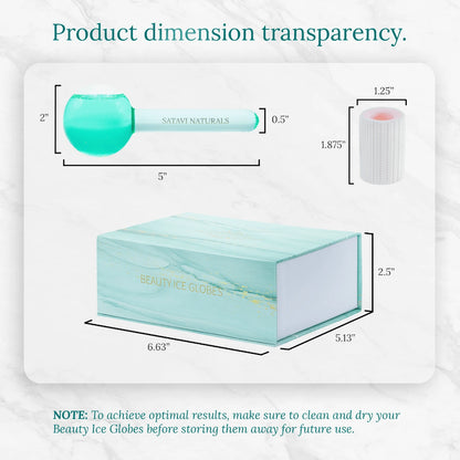 Satavi Naturals ice globes size chart with dimensions for globe, grip, and box.