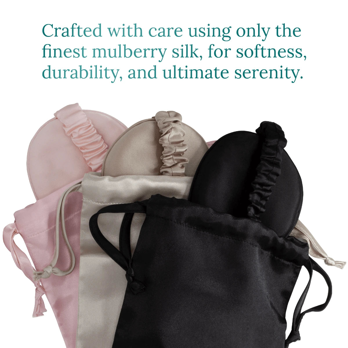 Set of silk sleep masks in pink, champagne, and black with matching storage pouches.