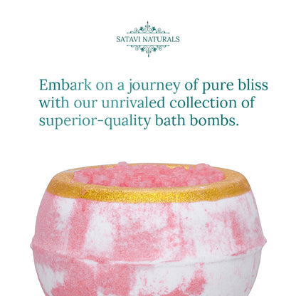 Satavi Naturals pink crystal bath bomb with gold rim and text promoting superior-quality bath bombs.
