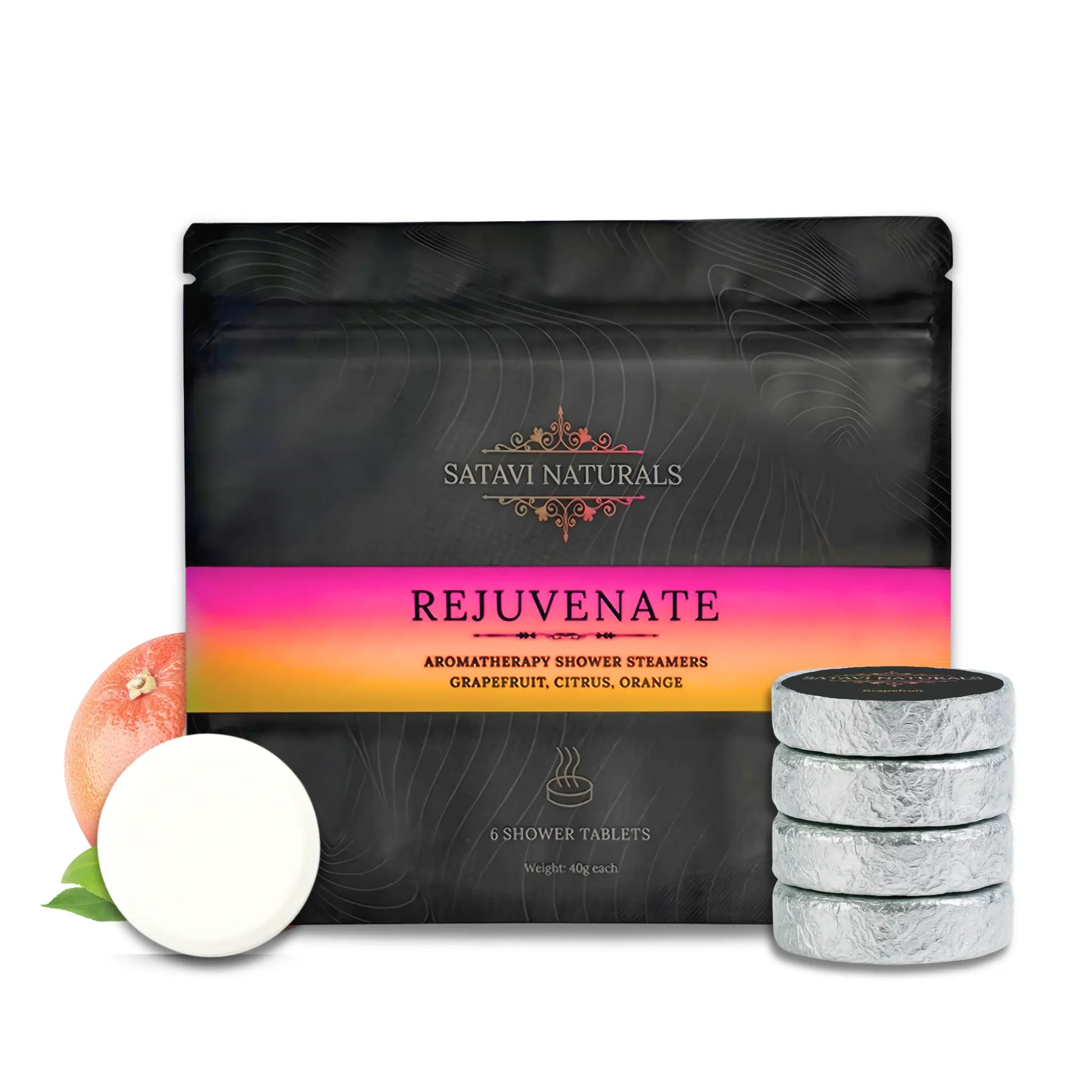 Satavi Naturals Rejuvenate shower steamers, 6 pack in grapefruit, citrus, and orange scents with fresh fruit displayed.