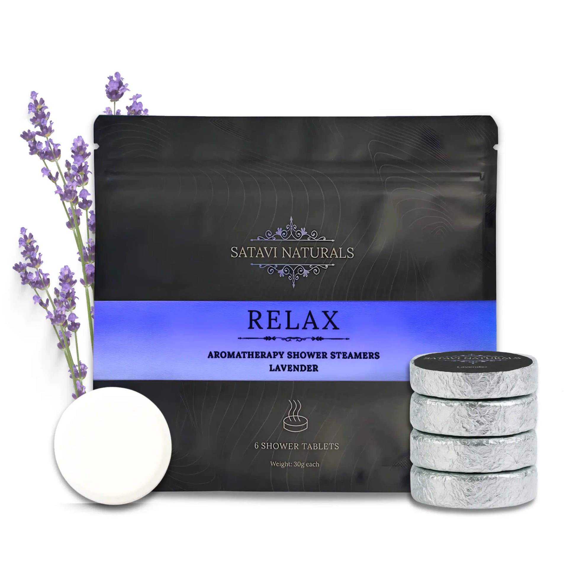Satavi Naturals Relax shower steamers, 6 pack in lavender scent with tablets and lavender sprigs displayed.
