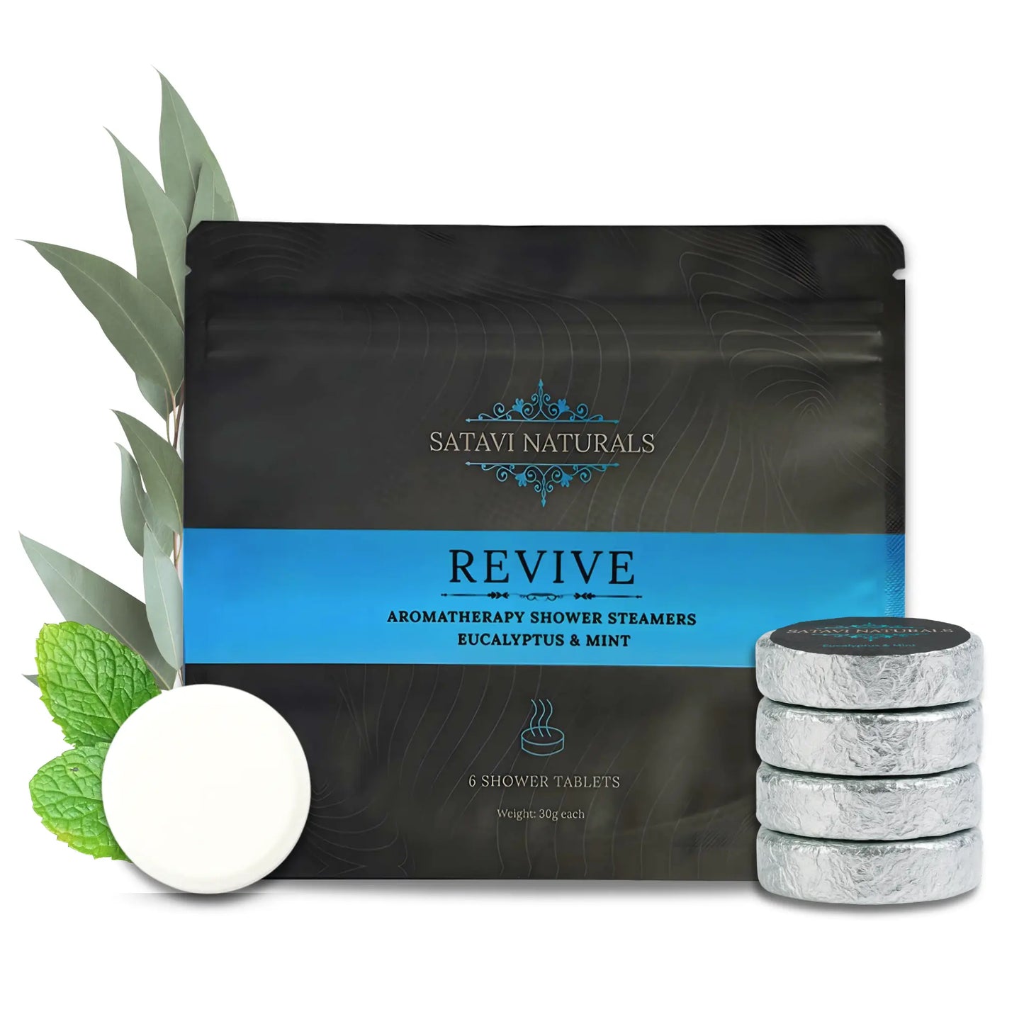 Satavi Naturals Revive shower steamers, 6 pack in eucalyptus and mint scent, with tablets and fresh leaves displayed.