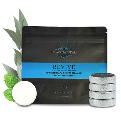 Satavi Naturals Revive shower steamers, 6 pack in eucalyptus and mint scent, with tablets and fresh leaves displayed.