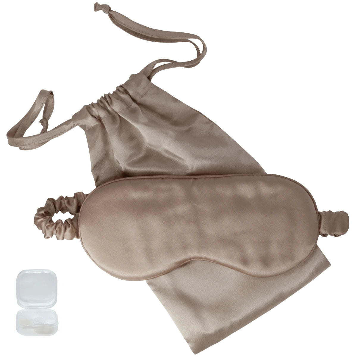 Champagne silk sleep mask with matching pouch and earplugs for comfortable night sleep.