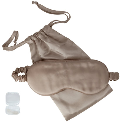 Champagne silk sleep mask with matching pouch and earplugs for comfortable night sleep.