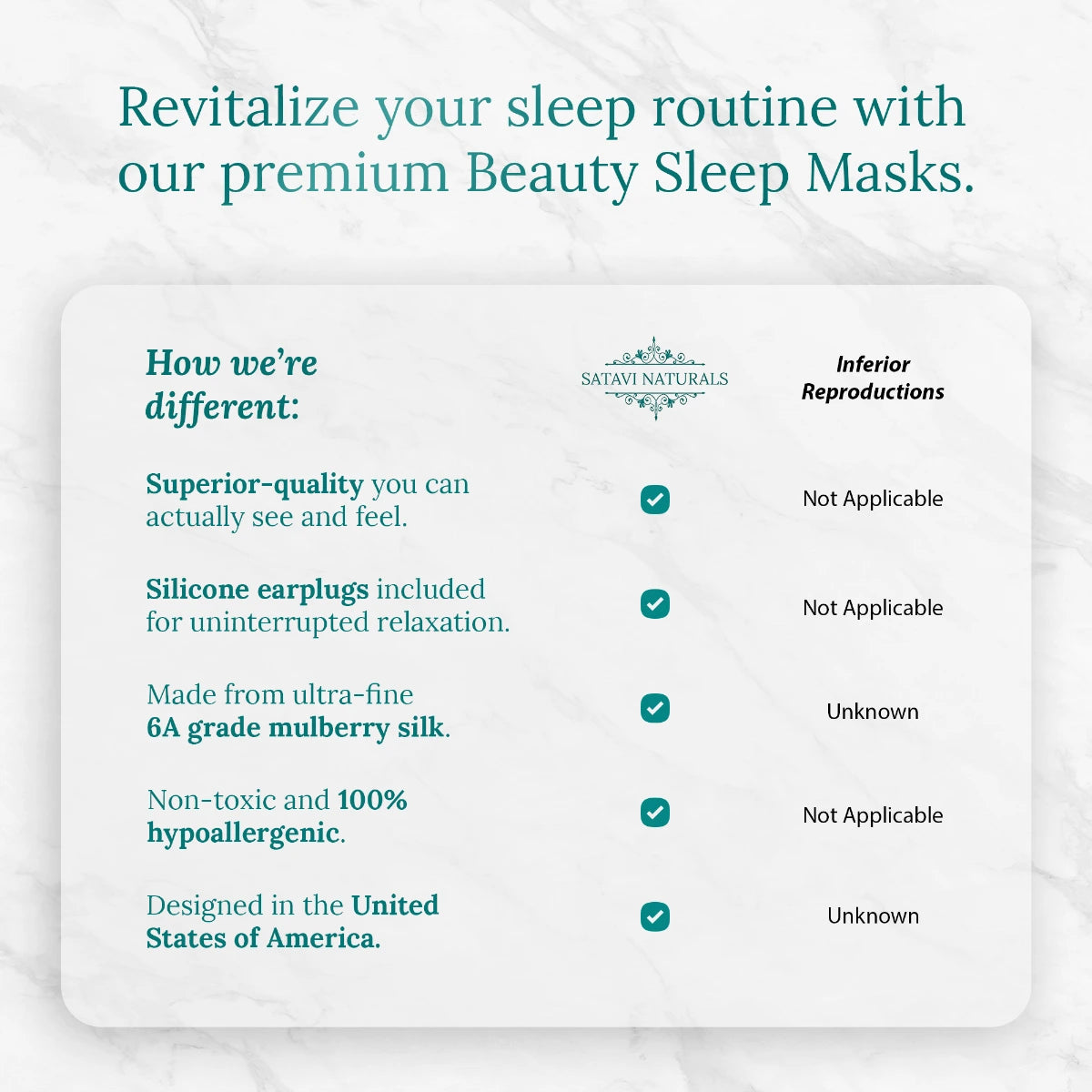 Comparison chart of Satavi Naturals silk sleep masks highlighting quality and features.
