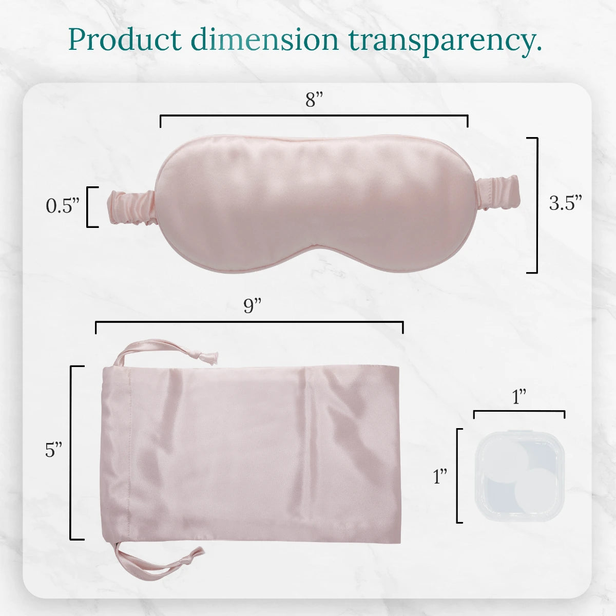 Size chart showing dimensions of silk sleep mask, pouch, and earplug case.
