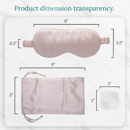 Size chart showing dimensions of silk sleep mask, pouch, and earplug case.