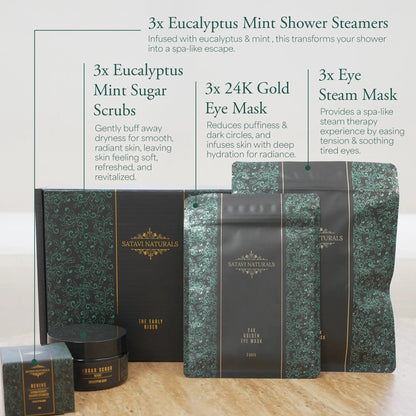 Satavi Naturals spa gift set with each product in individual packaging labeled, including shower steamers, steam eye masks, 24k gold under-eye masks, and sugar scrubs