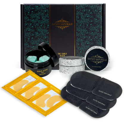 Satavi Naturals spa gift set with shower steamers, steam eye masks, 24k gold under-eye masks, and sugar scrubs