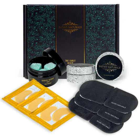 Satavi Naturals spa gift set with shower steamers, steam eye masks, 24k gold under-eye masks, and sugar scrubs