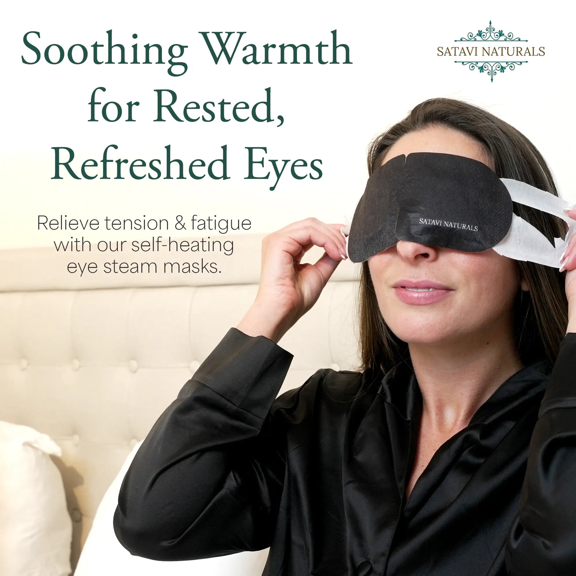 Woman putting on Satavi Naturals self-heating steam eye mask to relieve tension and refresh tired eyes