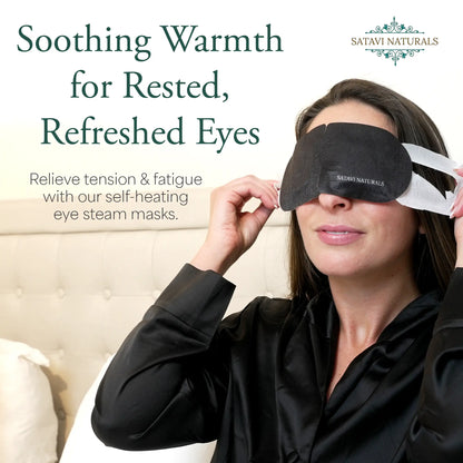 Woman putting on Satavi Naturals self-heating steam eye mask to relieve tension and refresh tired eyes