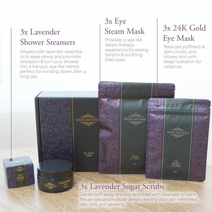 Satavi Naturals Wind Down Gift Set contents with lavender steamers, scrubs, and masks.