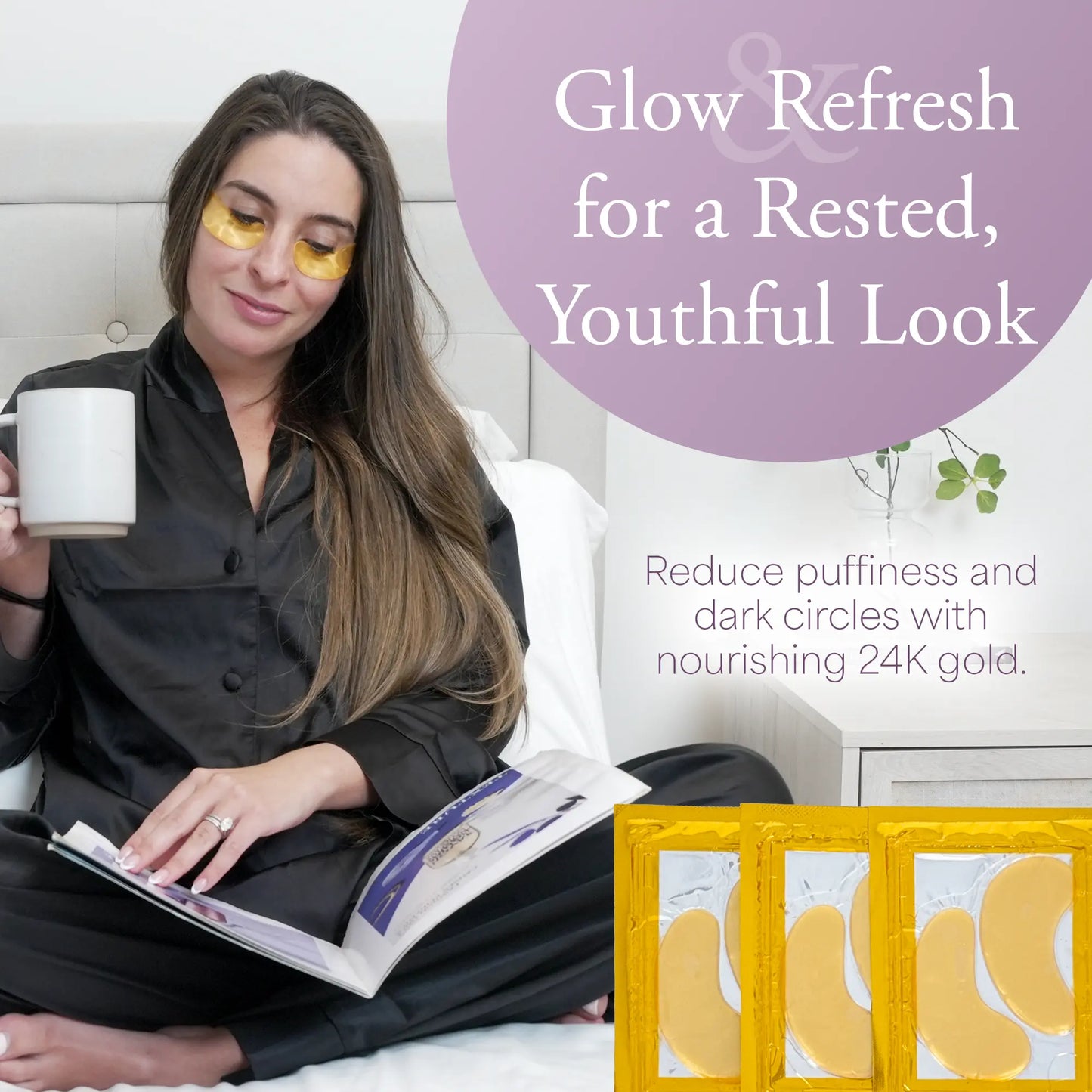 Relaxing with Satavi Naturals 24K gold eye masks from the Wind Down Gift Set.