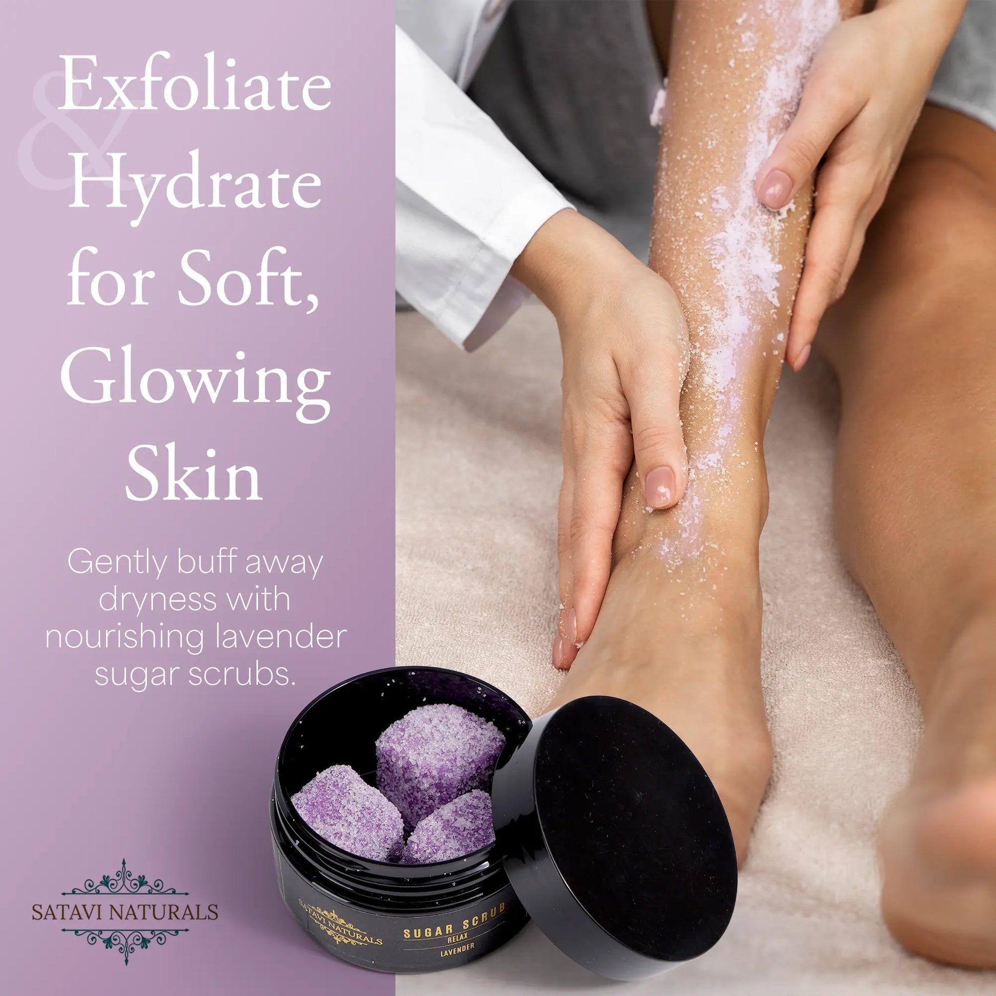 Applying lavender sugar scrub from Satavi Naturals Wind Down Gift Set on legs.