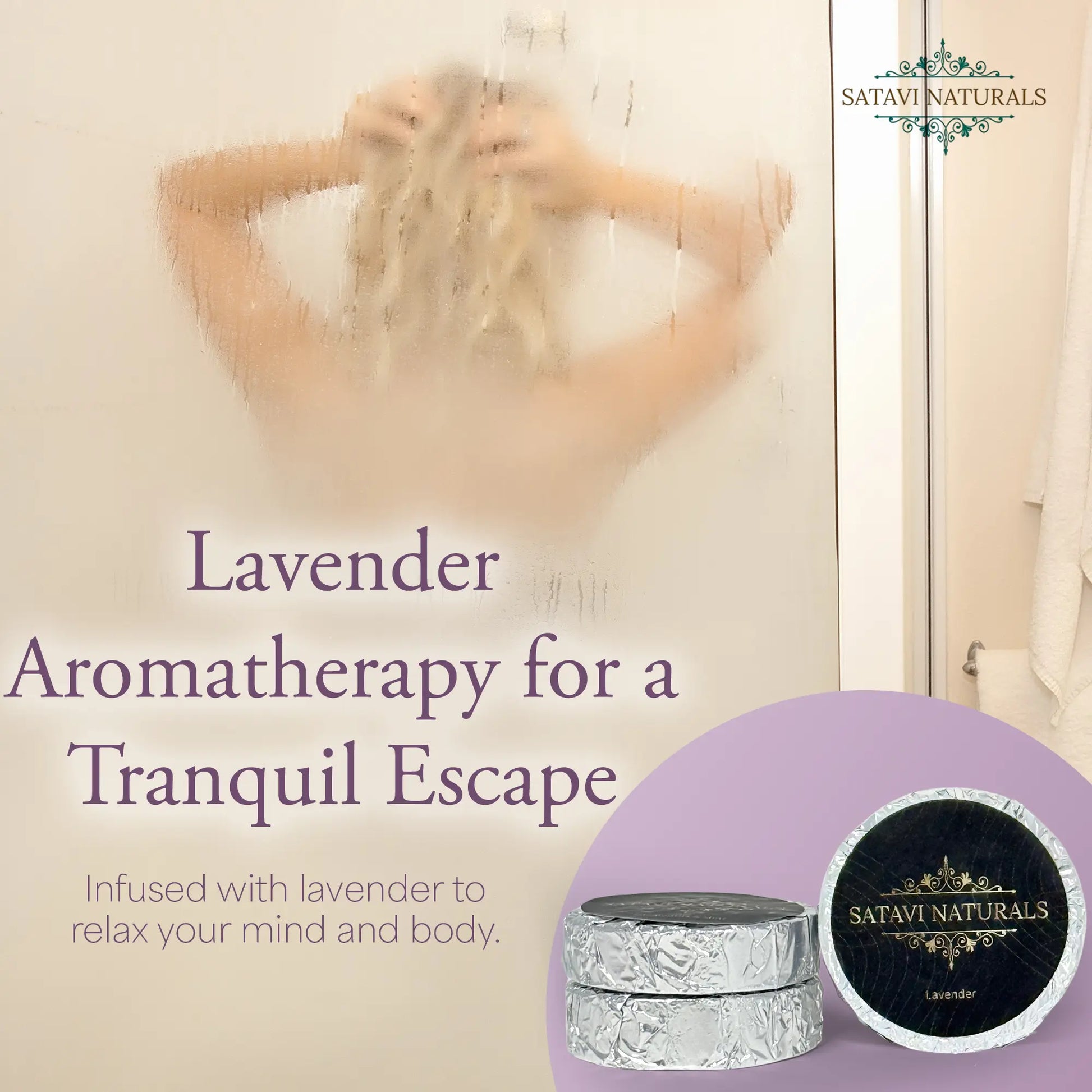 Lavender aromatherapy shower scene promoting Satavi Naturals Wind Down Gift Set.
